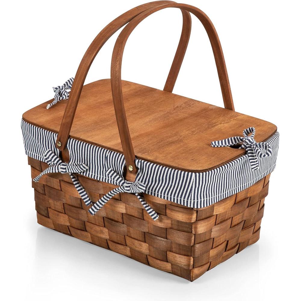 imagePICNIC TIME Kansas Handwoven Wood Picnic Basket Sturdy Woven Wicker Basket with Tabletop Lid and Removable and Washable Polycotton VintageStyle Liner Navy Blue ampamp White Stripe