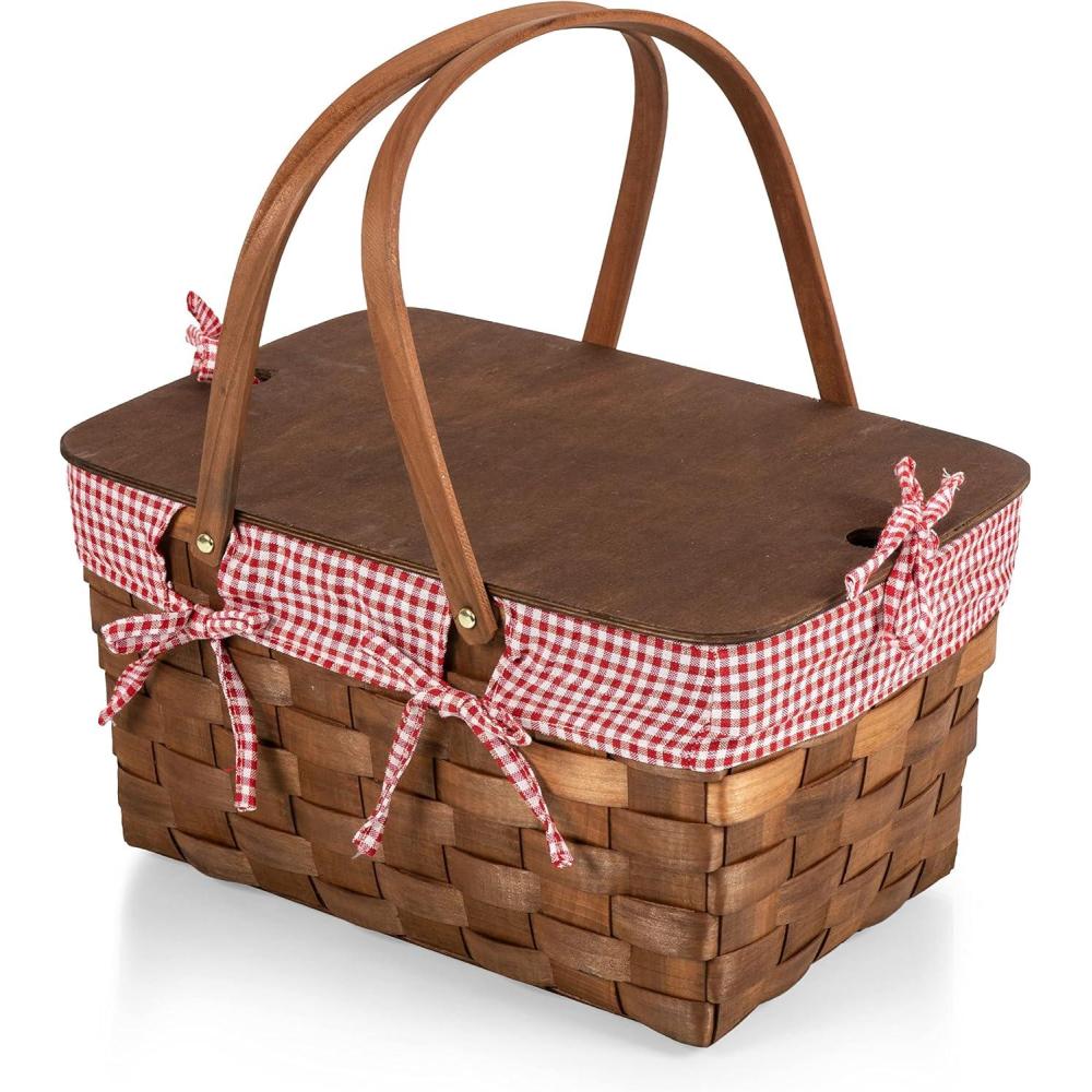 imagePICNIC TIME Kansas Handwoven Wood Picnic Basket Sturdy Woven Wicker Basket with Tabletop Lid and Removable and Washable Polycotton VintageStyle Liner Red ampamp White Gingham Pattern