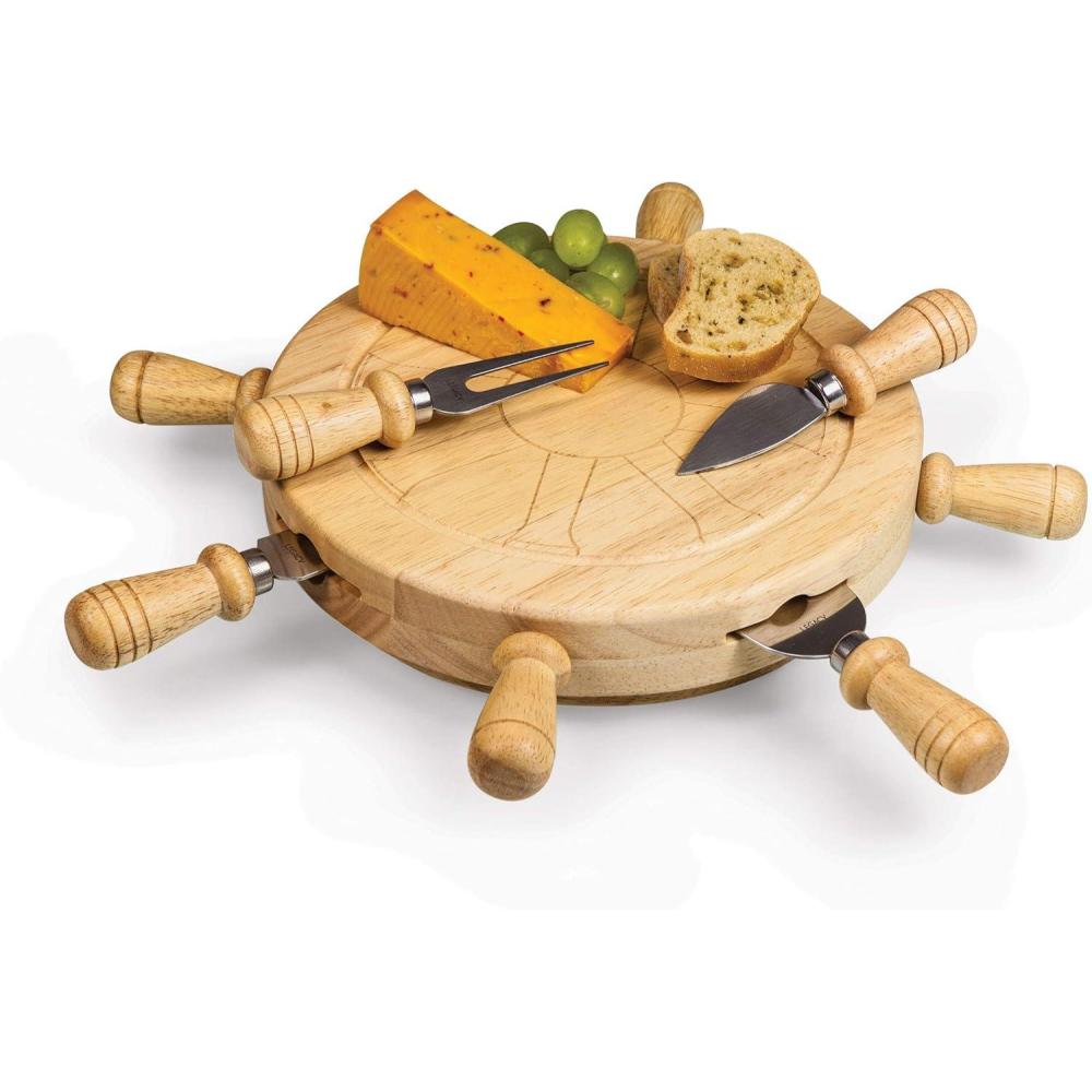 imagePICNIC TIME Mariner Cheese Board and Knife Set Novelty Charcuterie Board Set with Stainless Steel Tools Housed in Helm Case Under the Lid SwivelOpen Serving Platter and Charcuterie Set ParawoodParawood