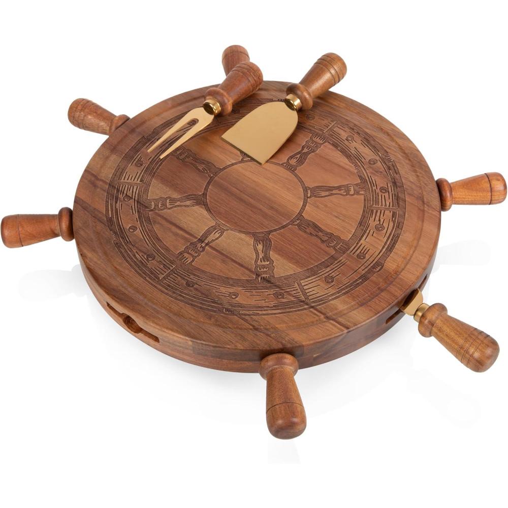 imagePICNIC TIME Mariner Cheese Board and Knife Set Novelty Charcuterie Board Set with Stainless Steel Tools Housed in Helm Case Under the Lid SwivelOpen Serving Platter and Charcuterie Set ParawoodAcacia Wood and Gold