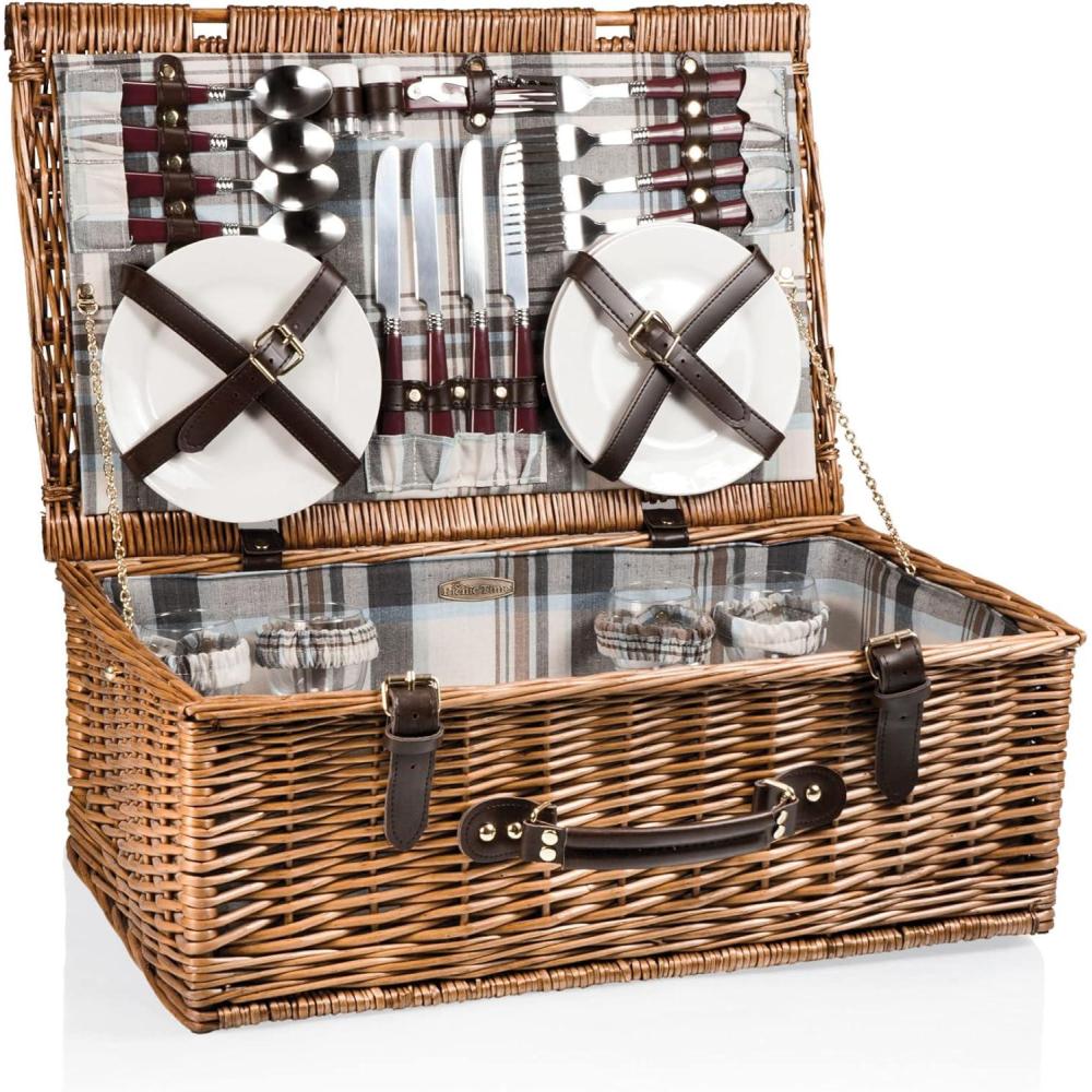 imagePICNIC TIME Newbury Picnic Basket for 4 Romantic EnglishStyle Wooden Wicker Basket with Deluxe Service for 4 Fullylined Interior Leatherette Lidlocking Buckle and Flatlid Design Navy Blue