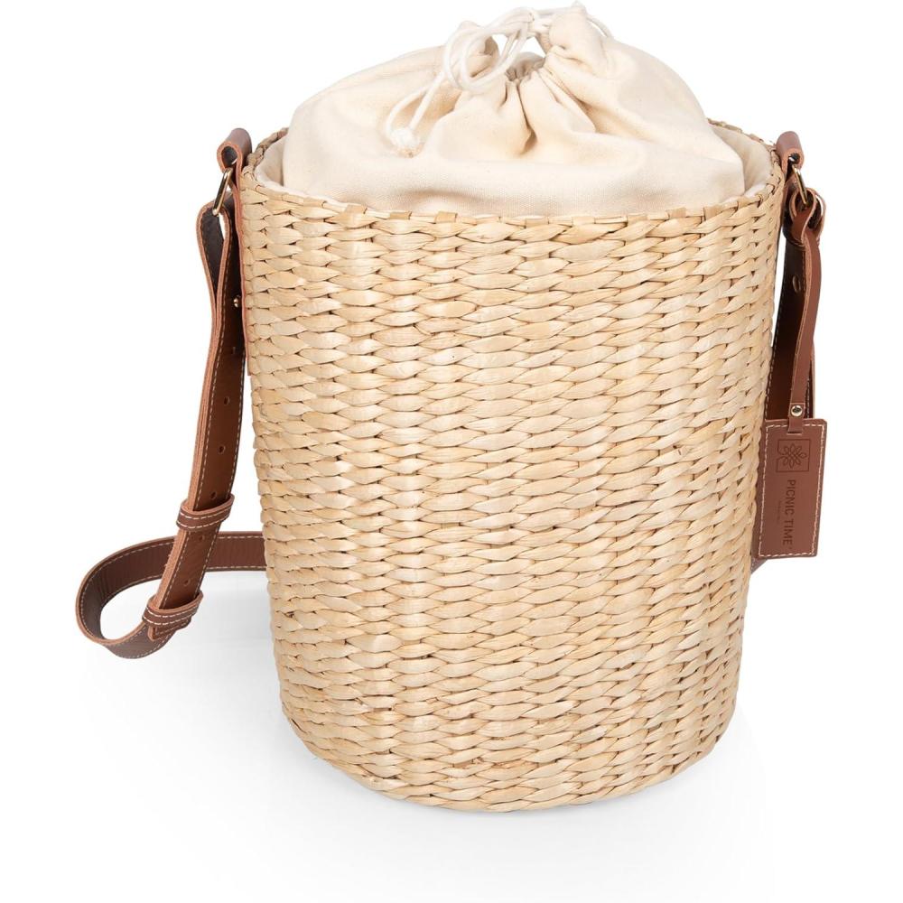 imagePICNIC TIME Palermo Rush Insulated Bucket Tote with Leather Straps Insulated Beach Bag Picnic Tote Bag Beige Canvas