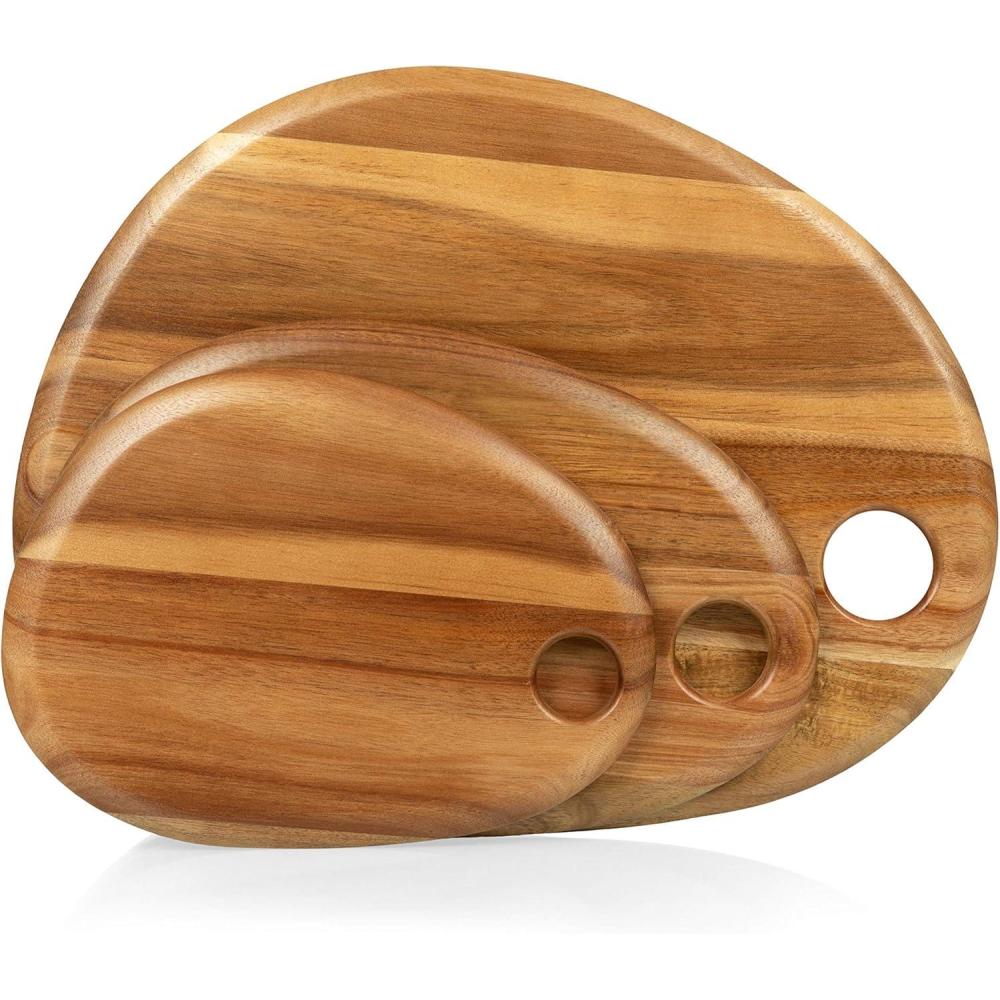 imagePICNIC TIME Pebble Acacia Charcuterie Board 18quot x 15quot Wood Serving Platter for Food Display Serving Tray for Party Cutting Board with Cutout Design Multipurpose Food Tray Natural AcaciaSet of 3