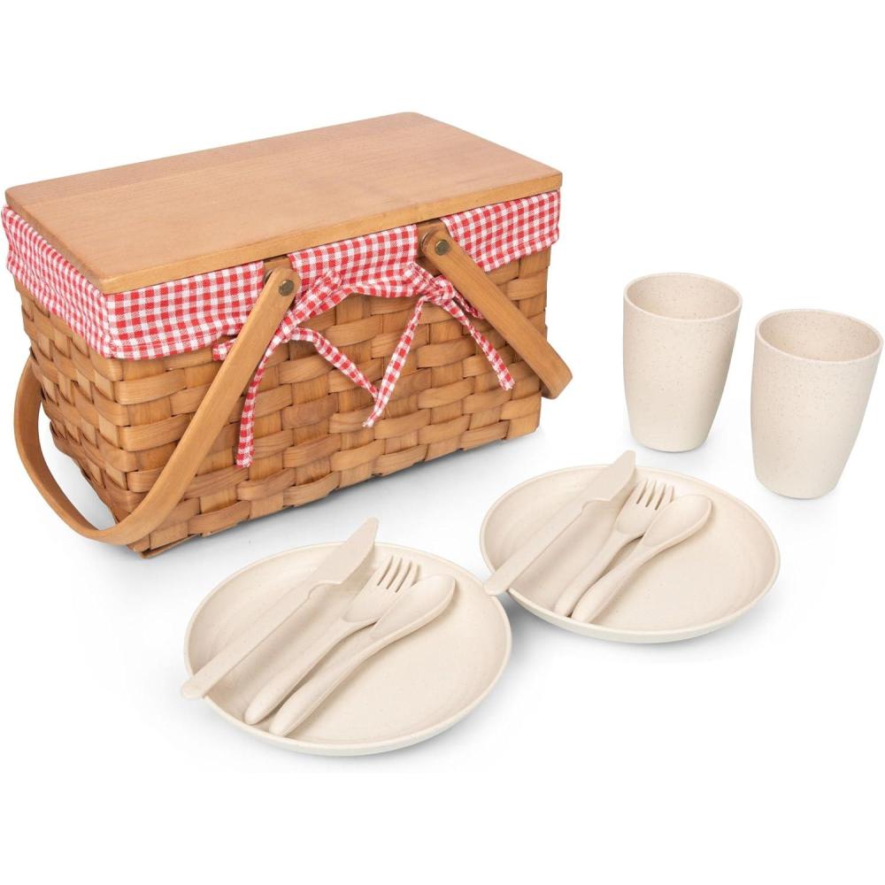 imagePICNIC TIME Piccola Picnic Basket Picnic Basket Wicker Basket Red ampamp White GinghamWith Lid and Serveware