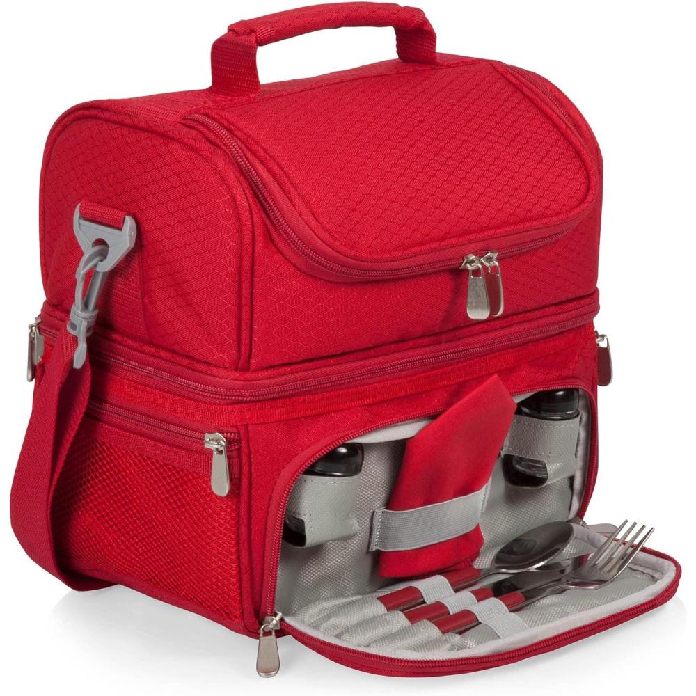 imagePICNIC TIME Pranzo Lunch Bag Expandable Insulated Lunch Box with Picnic Set Stylish Soft Cooler Bag Portable Cooler Lunchbox with Dual Compartment Design and Leatherette Handles BlackRed