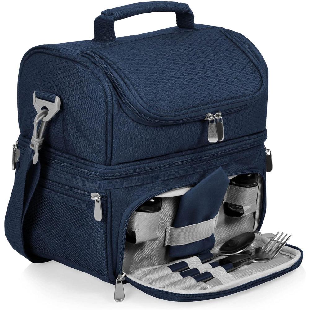 imagePICNIC TIME Pranzo Lunch Bag Expandable Insulated Lunch Box with Picnic Set Stylish Soft Cooler Bag Portable Cooler Lunchbox with Dual Compartment Design and Leatherette Handles BlackNavy Blue
