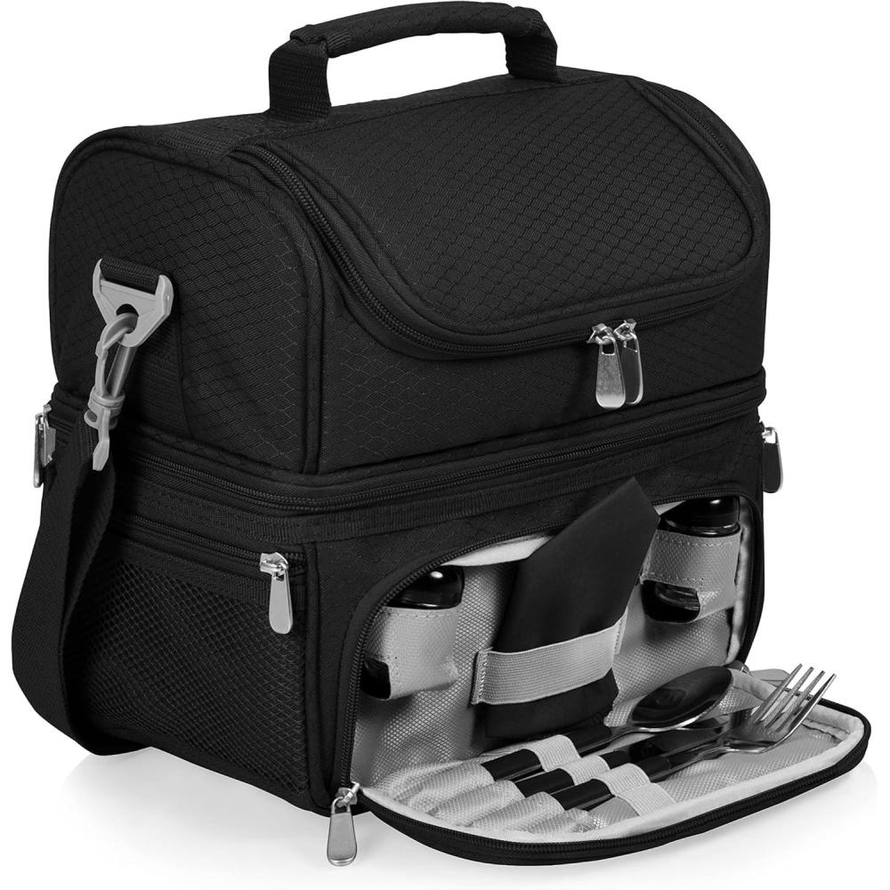 imagePICNIC TIME Pranzo Lunch Bag Expandable Insulated Lunch Box with Picnic Set Stylish Soft Cooler Bag Portable Cooler Lunchbox with Dual Compartment Design and Leatherette Handles BlackBlack