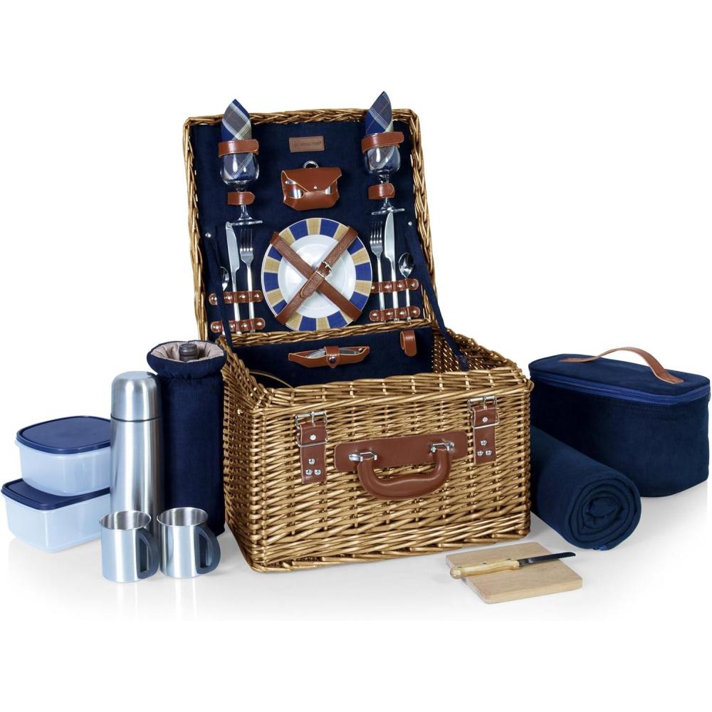 imagePICNIC TIME Romantic Canterbury Deluxe Wicker Picnic Basket Set for 2 with Blanket and Soft Cooler One Size Navy With PlaidNavy With Plaid