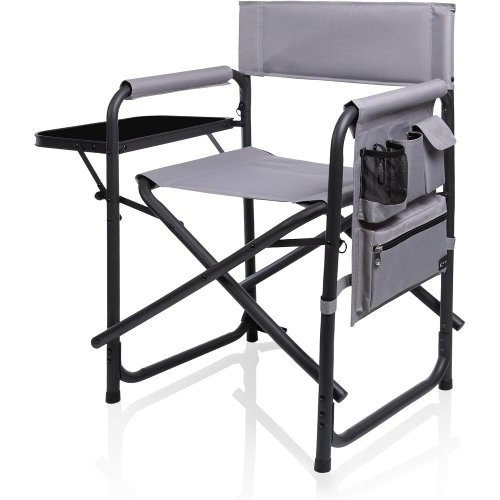 imagePICNIC TIME Sports Chair with Side Table Outdoor Foldable Padded Adult Camping Chairs with Cup and Accessory Panel for Lawn Beach ampamp Sports Use for Adults up to 300lbs Capacity RedGray With Black Accents