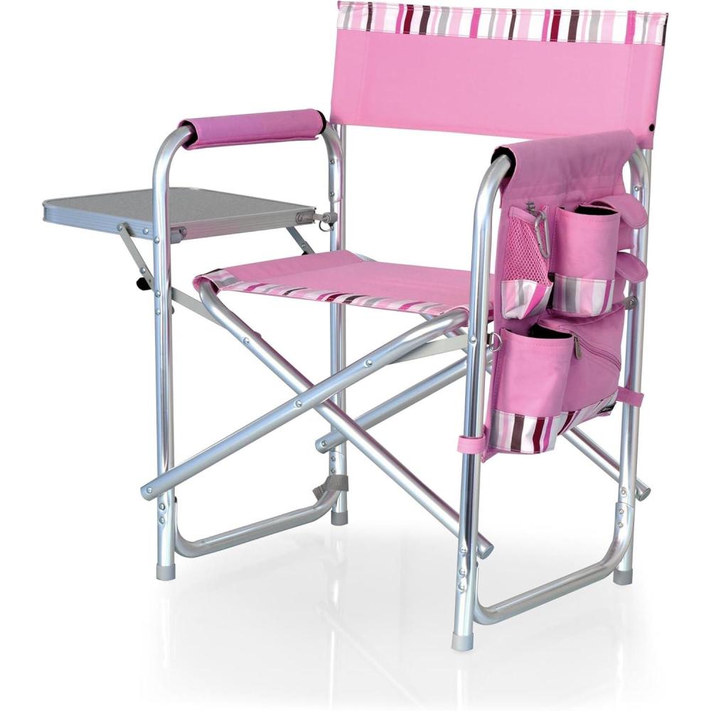 imagePICNIC TIME Sports Chair with Side Table Outdoor Foldable Padded Adult Camping Chairs with Cup and Accessory Panel for Lawn Beach ampamp Sports Use for Adults up to 300lbs Capacity RedPink With Pink Stripe Accents