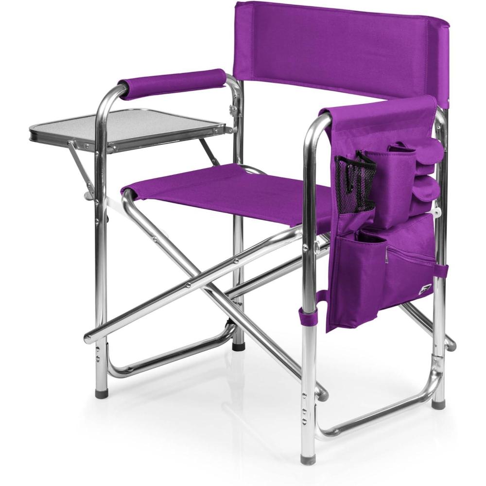 imagePICNIC TIME Sports Chair with Side Table Outdoor Foldable Padded Adult Camping Chairs with Cup and Accessory Panel for Lawn Beach ampamp Sports Use for Adults up to 300lbs Capacity RedPurple