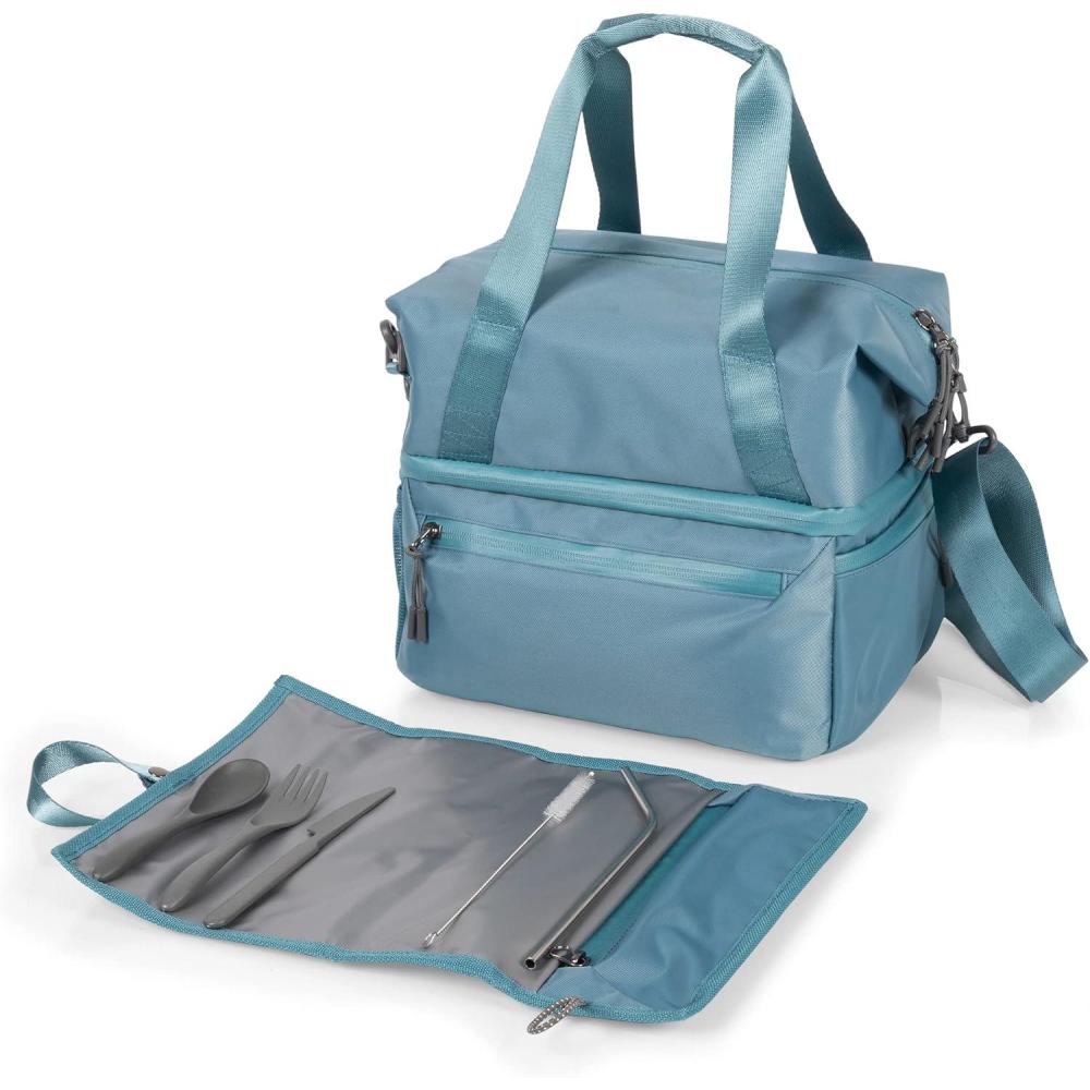 imagePICNIC TIME Tarana Insulated Lunch Bag made from Recycled Material Lunch Box with Picnic Set Upcycled Lunch Cooler Bag Aurora BlueAurora Blue