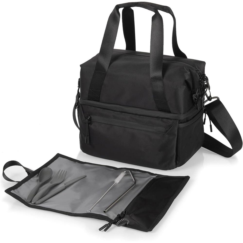 imagePICNIC TIME Tarana Insulated Lunch Bag made from Recycled Material Lunch Box with Picnic Set Upcycled Lunch Cooler Bag Aurora BlueCarbon Black