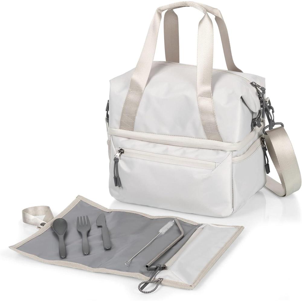 imagePICNIC TIME Tarana Insulated Lunch Bag made from Recycled Material Lunch Box with Picnic Set Upcycled Lunch Cooler Bag Aurora BlueHalo Gray