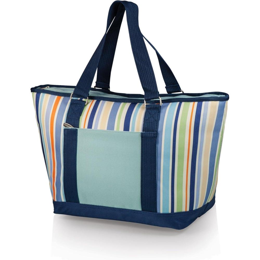 imagePICNIC TIME Topanga Tote Cooler Bag Versatile Insulated Cooler Bag with 24Can Capacity Soft Insulated Tote with WaterResistant Interior Liner Long Straps and Exterior Pocket RedSt Tropez Collection  Sky Blue with Multi Stripe Pattern