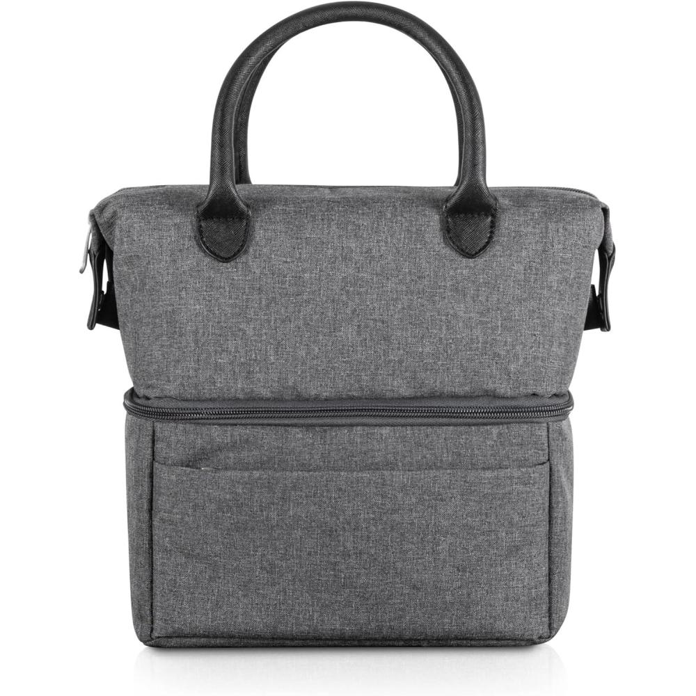 imagePICNIC TIME Urban Lunch Bag Stylish Soft Cooler Bag Expandable Insulated Lunch Box Portable Cooler Lunchbox with Dual Compartment Design and Leatherette Handles Gray with Brown AccentsGray with Black Accents