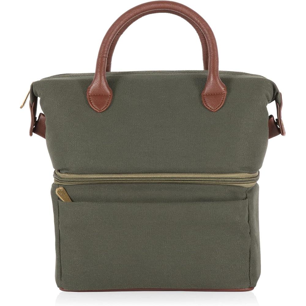 imagePICNIC TIME Urban Lunch Bag Stylish Soft Cooler Bag Expandable Insulated Lunch Box Portable Cooler Lunchbox with Dual Compartment Design and Leatherette Handles Gray with Brown AccentsGreen with Brown Accents