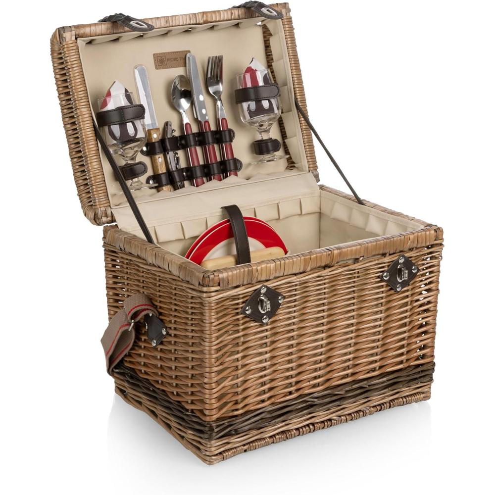 imagePICNIC TIME Yellowstone Picnic Baskets Moka Collection Brown with Beige ampamp Red Accents One Size