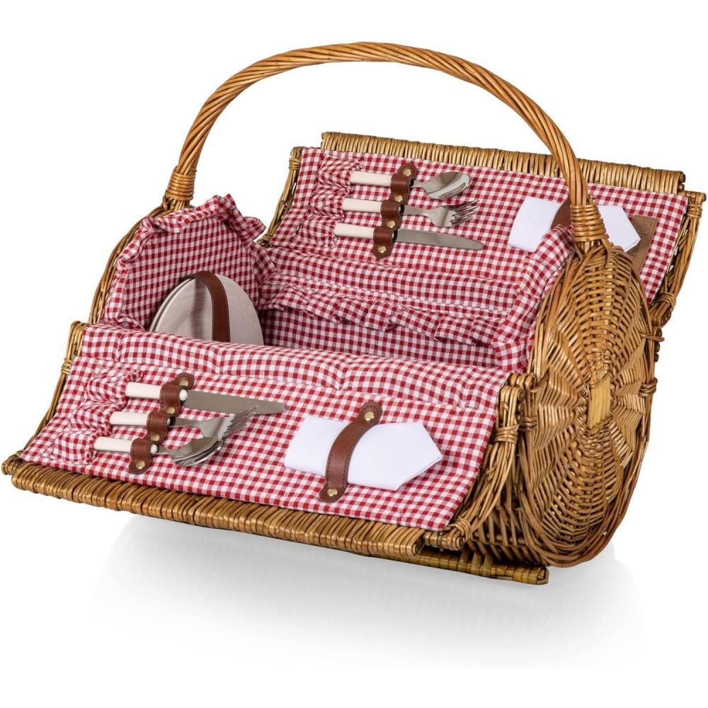 imagePicnic TIME Barrel Wicker Picnic Basket for 2 Romantic EnglishStyle Rounded Wooden Wicker Basket with Deluxe Service for 2 FullyLined Interior and Handwoven Red ampamp White Gingham PatternRed White Gingham Pattern