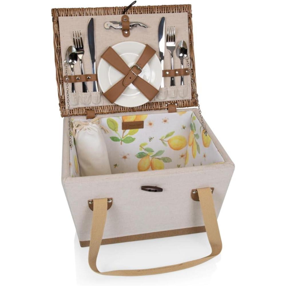 imagePicnic TIME Boardwalk Picnic Basket Romantic Vintage EnglishStyle Wooden Basket Complete Deluxe Service for Four with Durable Canvas and Handwoven LidWhite With Bees and Lemon Pattern for 2
