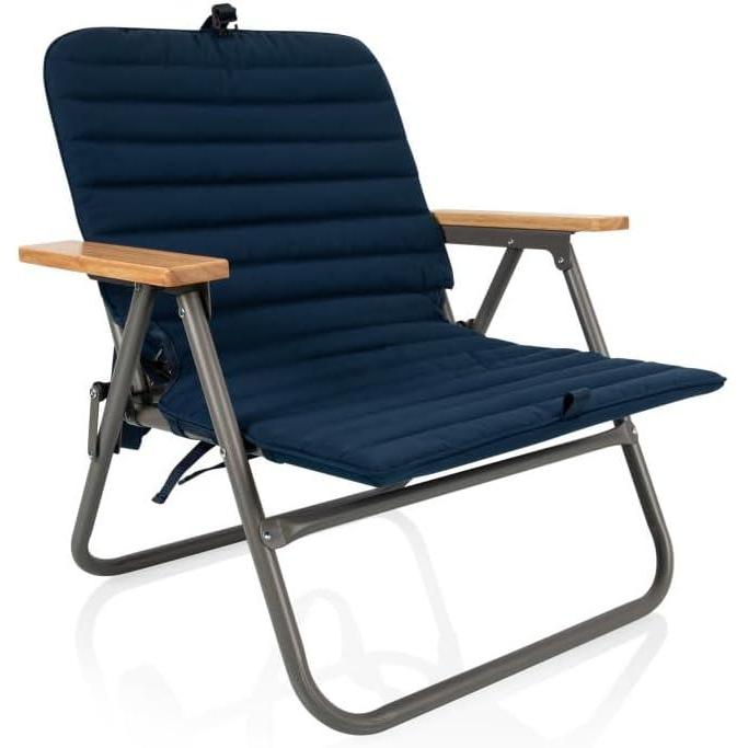imagePicnic TIME Descanso Padded Beach Chair Low Camping Chair with Removable Washable Cover Backpack Beach ChairNavy Blue