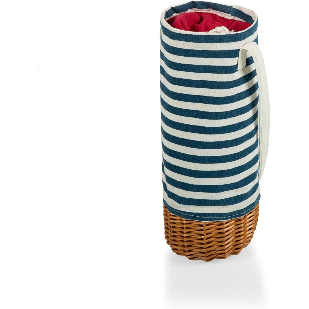 imagePicnic TIME Malbec Insulated Canvas and Willow Wine Bottle Basket Wine Tote Wine Gift BagNavy Blue White Stripe