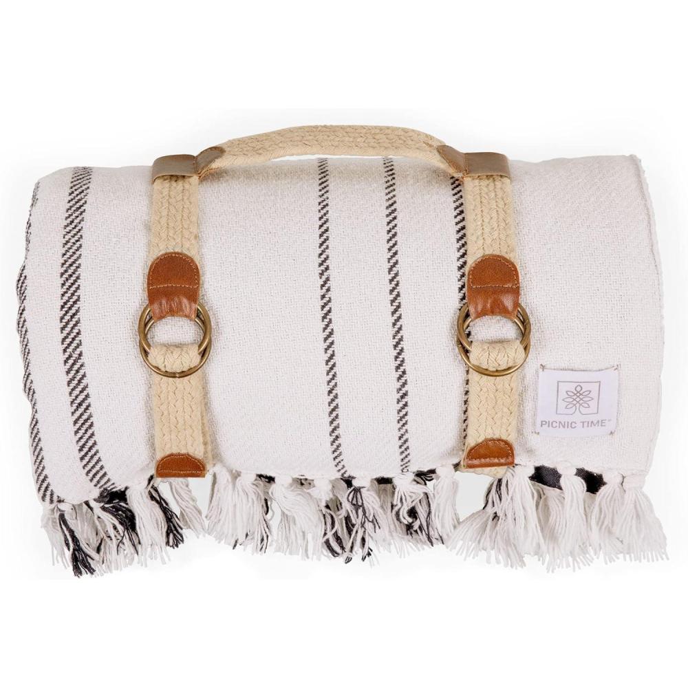 imagePicnic TIME Montecito Picnic Outdoor and Beach Blanket with Harness Montecito Picnic Outdoor and Beach Blanket with Harness One Size White ampamp Taupe WindowpaneWhite Blue Stripe