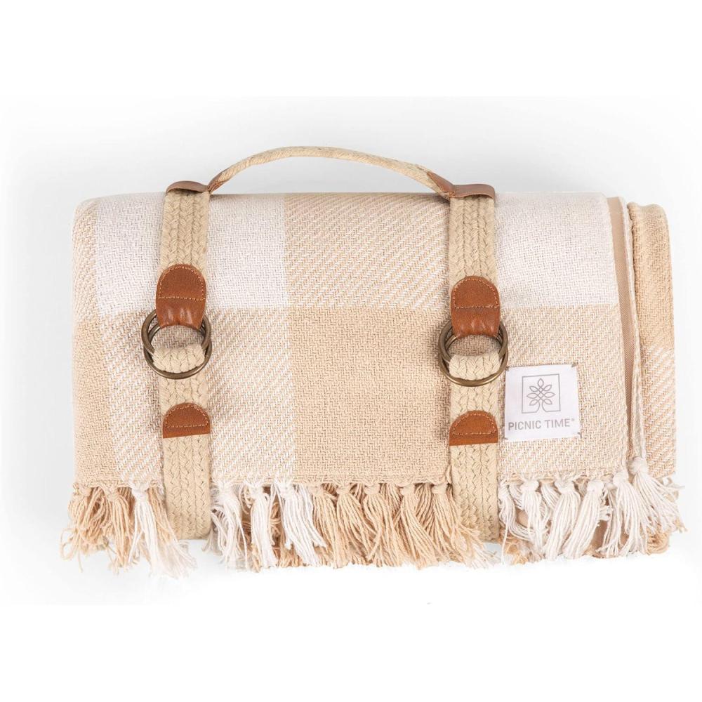 imagePicnic TIME Montecito Picnic Outdoor and Beach Blanket with Harness Montecito Picnic Outdoor and Beach Blanket with Harness One Size White ampamp Taupe WindowpaneWhite Taupe Windowpane