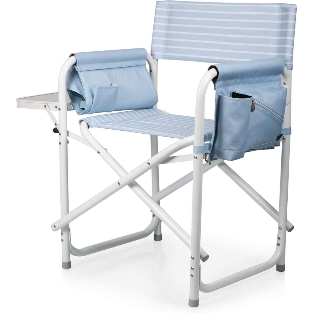 imagePicnic TIME Outdoor Directors Chair with Side Table Beach Chair for Adults Camping Chair with TableMod Denim Stripe Pattern With White Accents