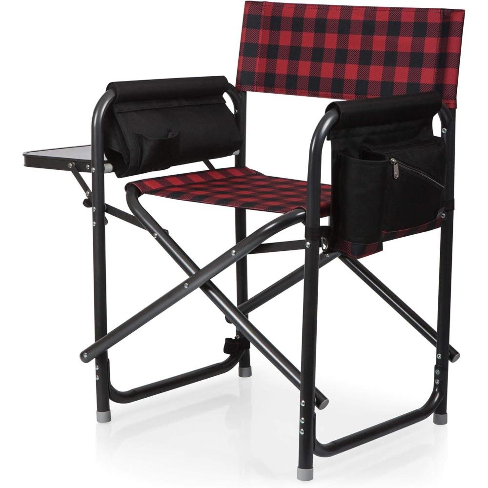 imagePicnic TIME Outdoor Directors Chair with Side Table Beach Chair for Adults Camping Chair with TableRed  Black Buffalo Plaid Pattern