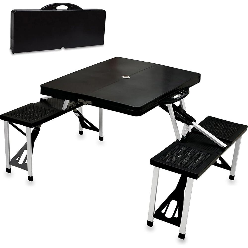 imagePicnic TIME Portable Folding Picnic Table with Seats for 4 Collapsible Aluminum Table with Benches ampamp Umbrella Hole Lightweight Foldable Table for Camping Travel Backyard TailgatingBlack