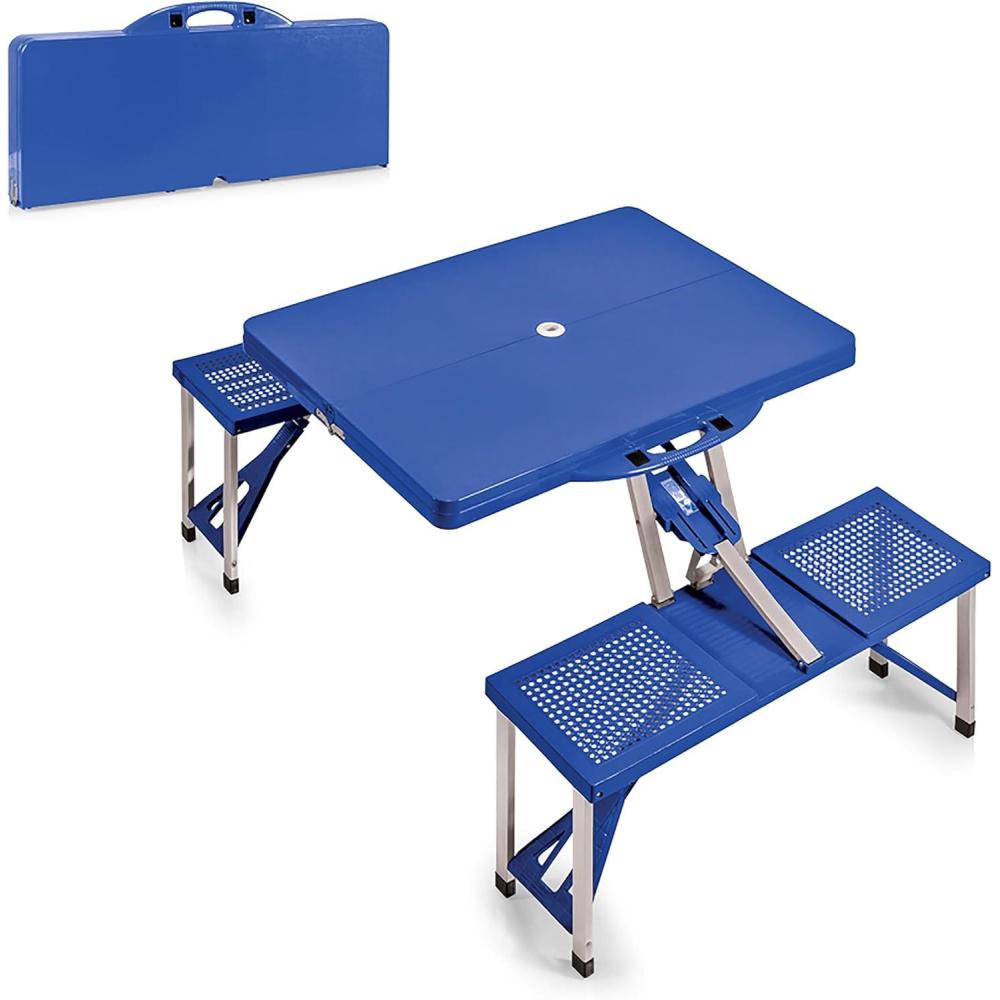 imagePicnic TIME Portable Folding Picnic Table with Seats for 4 Collapsible Aluminum Table with Benches ampamp Umbrella Hole Lightweight Foldable Table for Camping Travel Backyard TailgatingRoyal Blue