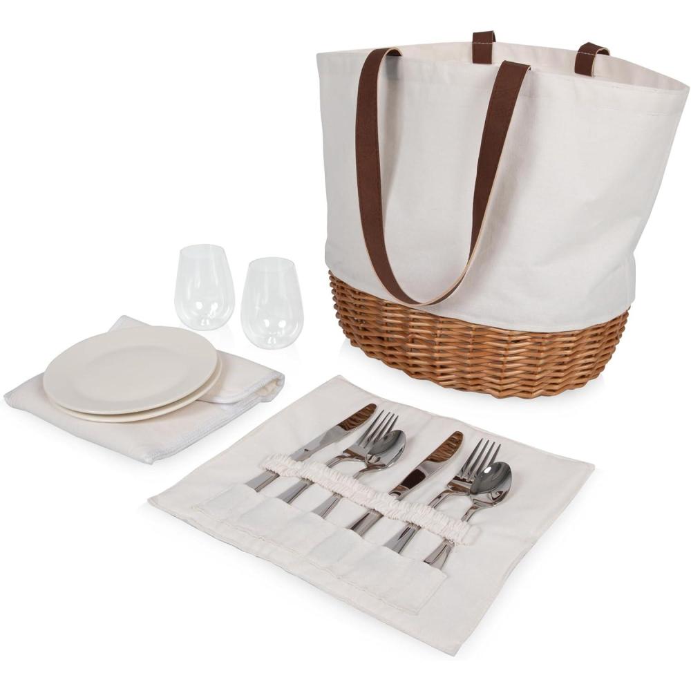 imagePicnic TIME Promenade Picnic Basket for 2 Canvas and Willow Picnic Set Includes Utensil Set Glasses and Plates Floral PatternCream Canvas