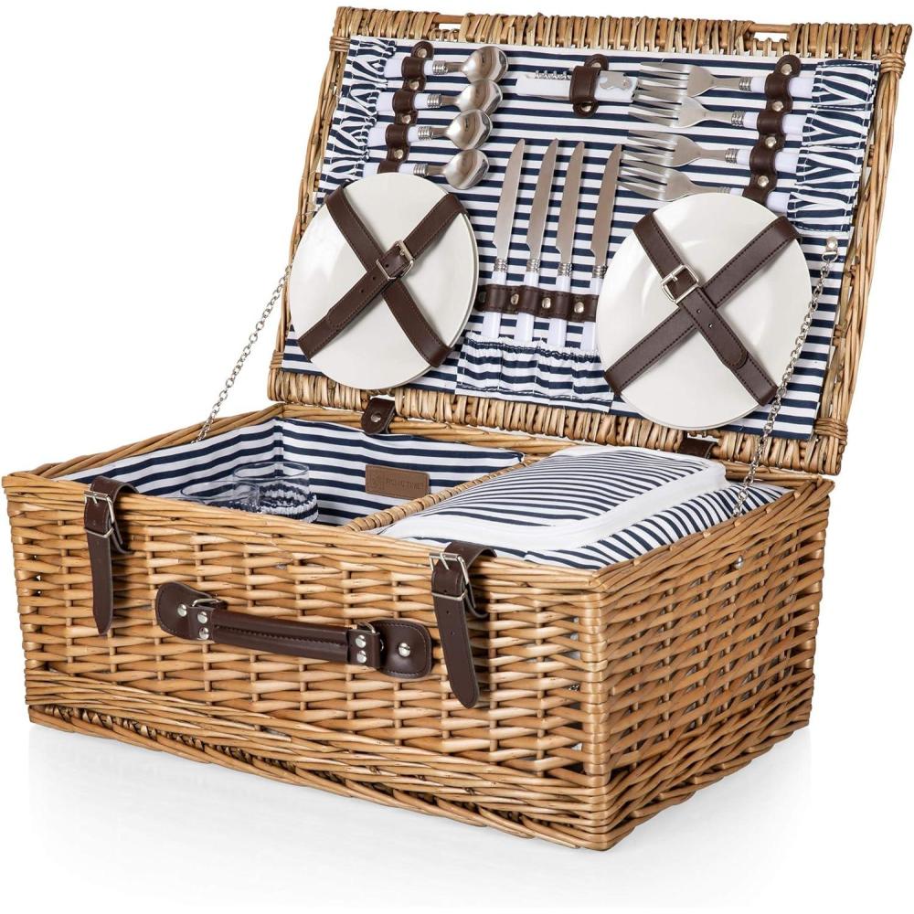 imagePicnic TME Belmont Picnic Basket for 4 Insulated Wicker Basket Set with Porcelain Plates Stainless Steel Flatware Wine Glasses Cooler Leatherette Straps Gift Navy Blue ampamp White StripeHoney Willow With Navy Blue and White Stripes