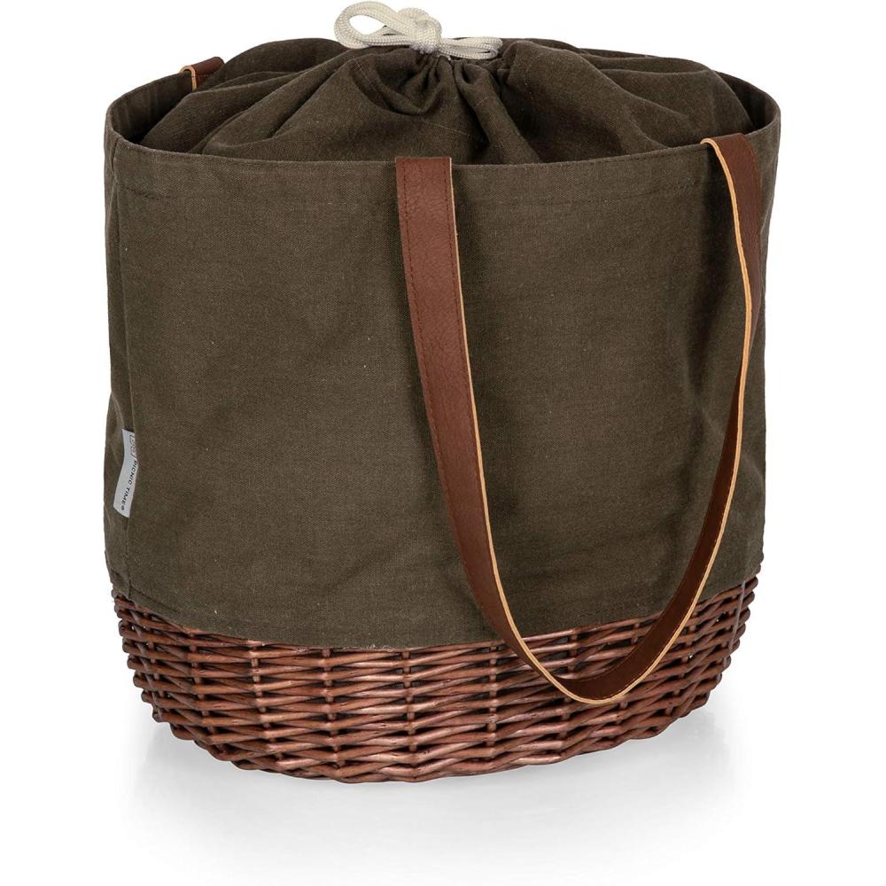 imagePicnic Time A Picnic Time Brand Coronado Canvas and Willow Basket ToteKhaki Green With Beige Accents