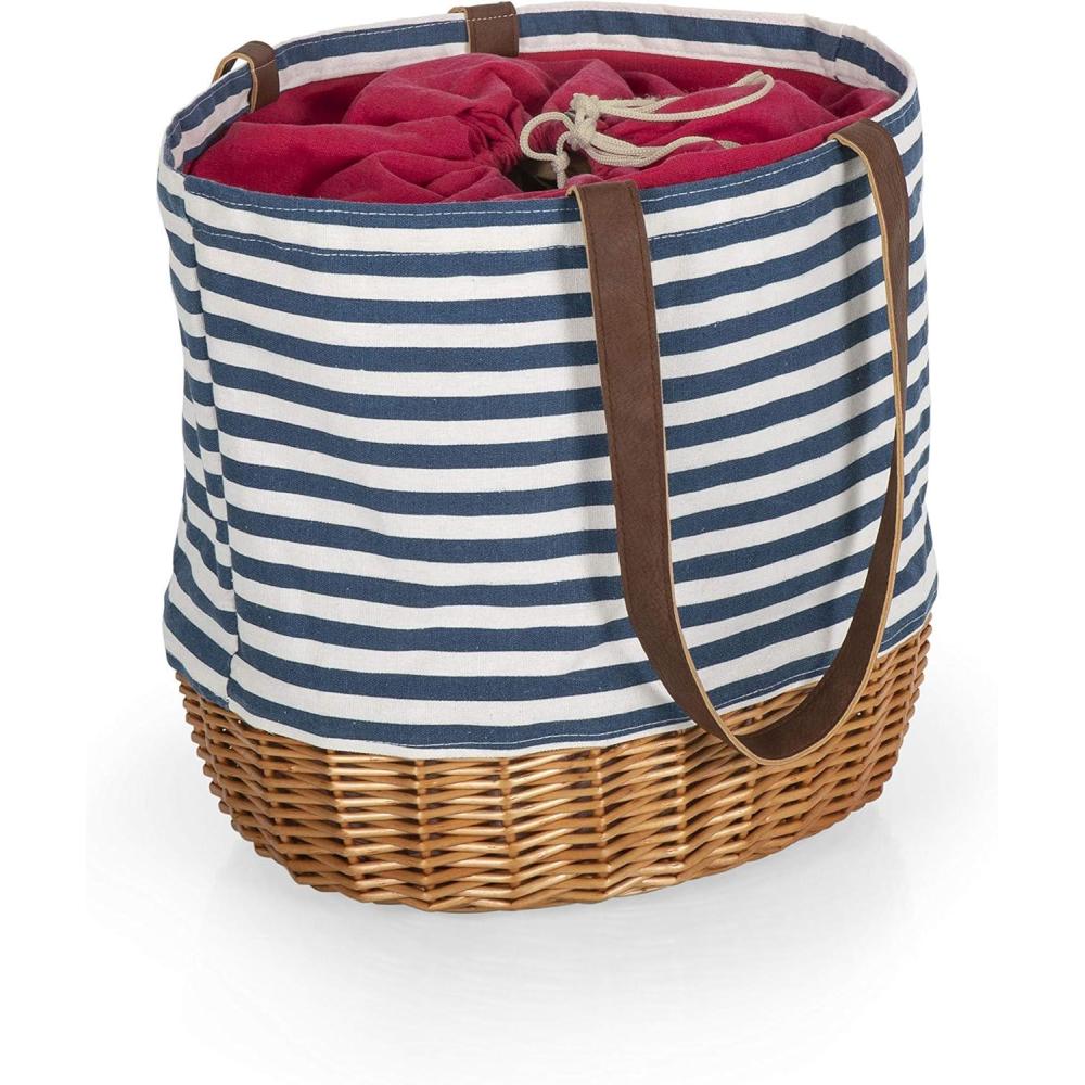 imagePicnic Time A Picnic Time Brand Coronado Canvas and Willow Basket ToteNavy Blue White Stripe