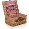 PICNIC TIME Classic Wine & Cheese Picnic Basket, Romantic English-Style Wooden Basket, Deluxe Service for 2 with Fully-Lined Interior, Leatherette Buckle and Handle, (Red & White Gingham Pattern)