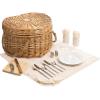 PICNIC TIME Heart Picnic Basket for 2, Wicker Basket with Handle, Complete Deluxe Service for Two, Handwoven and Sturdy Willow Constructed with Fully-lined interior and Accessories, (Antique White)
