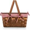 PICNIC TIME Kansas Handwoven Wood Picnic Basket, Sturdy Woven Wicker Basket with Tabletop Lid and Removable and Washable Polycotton Vintage-Style Liner, (Red & White Gingham Pattern)