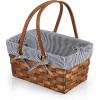 PICNIC TIME Kansas Handwoven Wood Picnic Basket, Sturdy Woven Wicker Basket with Tabletop Lid and Removable and Washable Polycotton Vintage-Style Liner, (Navy Blue & White Stripe)