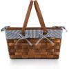 PICNIC TIME Kansas Handwoven Wood Picnic Basket, Sturdy Woven Wicker Basket with Tabletop Lid and Removable and Washable Polycotton Vintage-Style Liner, (Navy Blue & White Stripe)