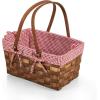 PICNIC TIME Kansas Handwoven Wood Picnic Basket, Sturdy Woven Wicker Basket with Tabletop Lid and Removable and Washable Polycotton Vintage-Style Liner, (Red & White Gingham Pattern)