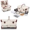 PICNIC TIME Pioneer Deluxe Picnic Basket, Romantic Vintage Wood-Framed Basket Covered in Canvas, Complete Deluxe Service for Two with Water-Resistant Bottom and Two Lids, (Beige Canvas)