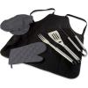 PICNIC TIME BBQ Apron Tote Pro Grill Set, Heavy Duty BBQ Apron for Men with BBQ Accessories for Grilling and Cooking with Numerous Pockets and Folds to Easy-to-Carry Tote (Black and Gray Accents)