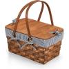 PICNIC TIME Kansas Handwoven Wood Picnic Basket, Sturdy Woven Wicker Basket with Tabletop Lid and Removable and Washable Polycotton Vintage-Style Liner, (Navy Blue & White Stripe)