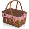 PICNIC TIME Kansas Handwoven Wood Picnic Basket, Sturdy Woven Wicker Basket with Tabletop Lid and Removable and Washable Polycotton Vintage-Style Liner, (Red & White Gingham Pattern)