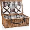 PICNIC TIME Newbury Picnic Basket for 4, Romantic English-Style Wooden Wicker Basket with Deluxe Service for 4, Fully-lined Interior, Leatherette Lid-locking Buckle, and Flat-lid Design, (Navy Blue)