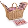 PICNIC TIME Piccadilly Picnic Basket for 2, Romantic Vintage English-Style Wooden Basket, Complete Deluxe Service for Two with Fully-lined Interior and Double-lid Design, (Red & White Plaid Pattern)(Red)