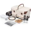 PICNIC TIME Pioneer Deluxe Picnic Basket, Romantic Vintage Wood-Framed Basket Covered in Canvas, Complete Deluxe Service for Two with Water-Resistant Bottom and Two Lids, (Beige Canvas)