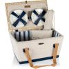 Picnic TIME Boardwalk Picnic Basket, Romantic Vintage English-Style Wooden Basket, Complete Deluxe Service for Four with Durable Canvas and Handwoven Lid(Beige Canvas With Navy Blue Accents for 4)